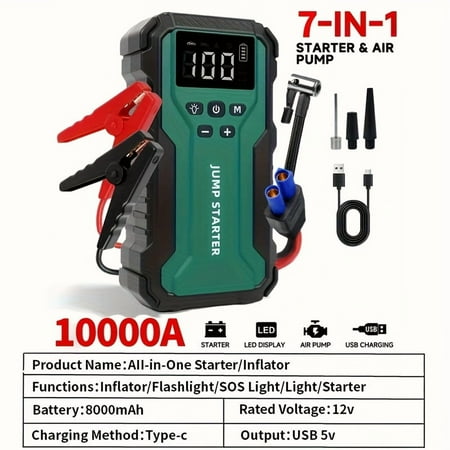 10000A 7-in-1 Car Emergency Jump Starter with 150PSI Air Pump, Digital Tire Inflator LED Light, Portable Power Supply for Gas Diesel Vehicle Batteries