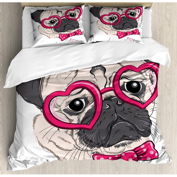Pug Queen Size Duvet Cover Set, Fashionable Dog with Heart Shaped