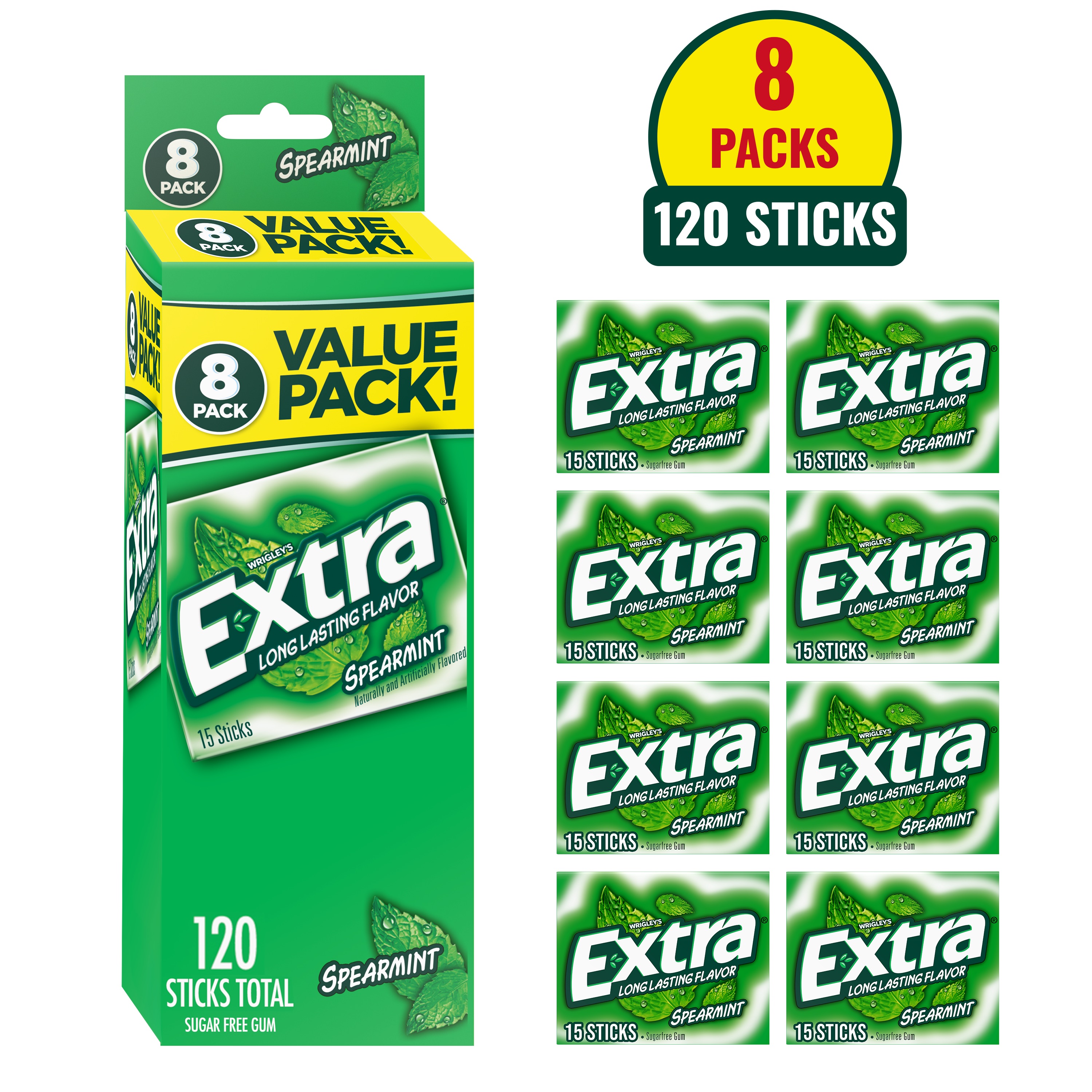 Extra Spearmint Sugar Free Gum, 8 Pack of 15 Sticks photo 1