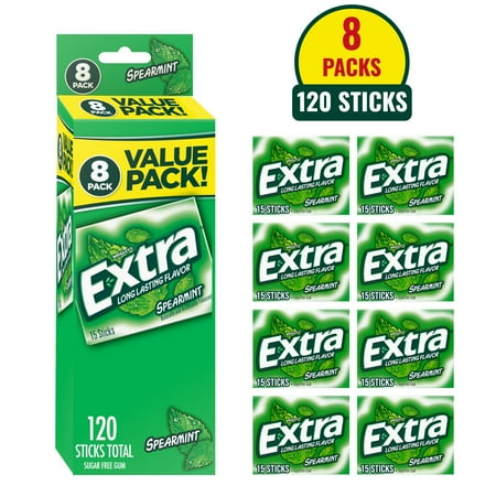 EXTRA Spearmint Sugar Free Chewing Gum, 15 Sticks per Pack, 8 Pack Bulk