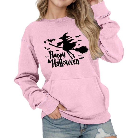 HCYSFG Girls Halloween Sweatshirts Witch Graphic Plus Size Crewneck Long Sleeve Loose Fit Casual Shirts Drop Shoulder Pullover Tops