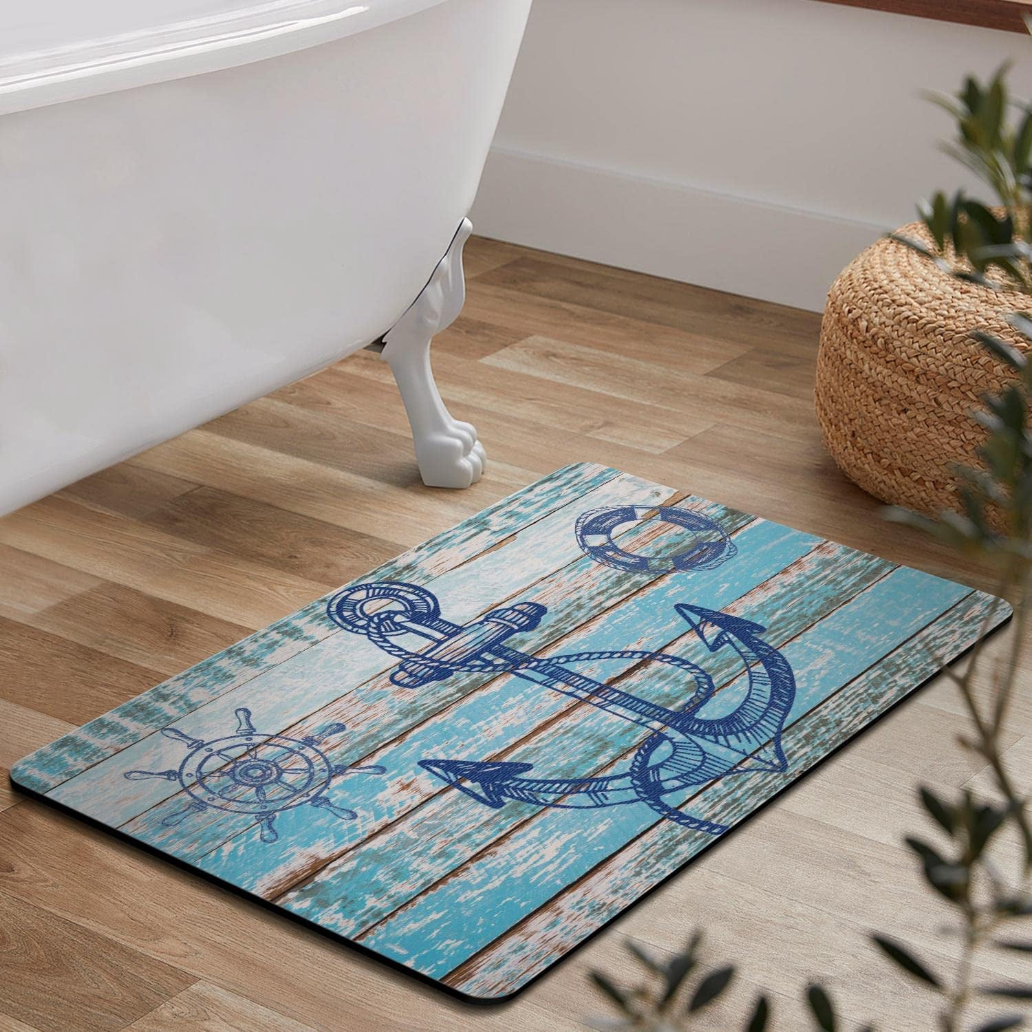 Nutksea Anchor Bath Mat, Retro Nautical Anchor Washable Bathroom Rugs Non Slip Bath Mat for Tub 27" X 17"