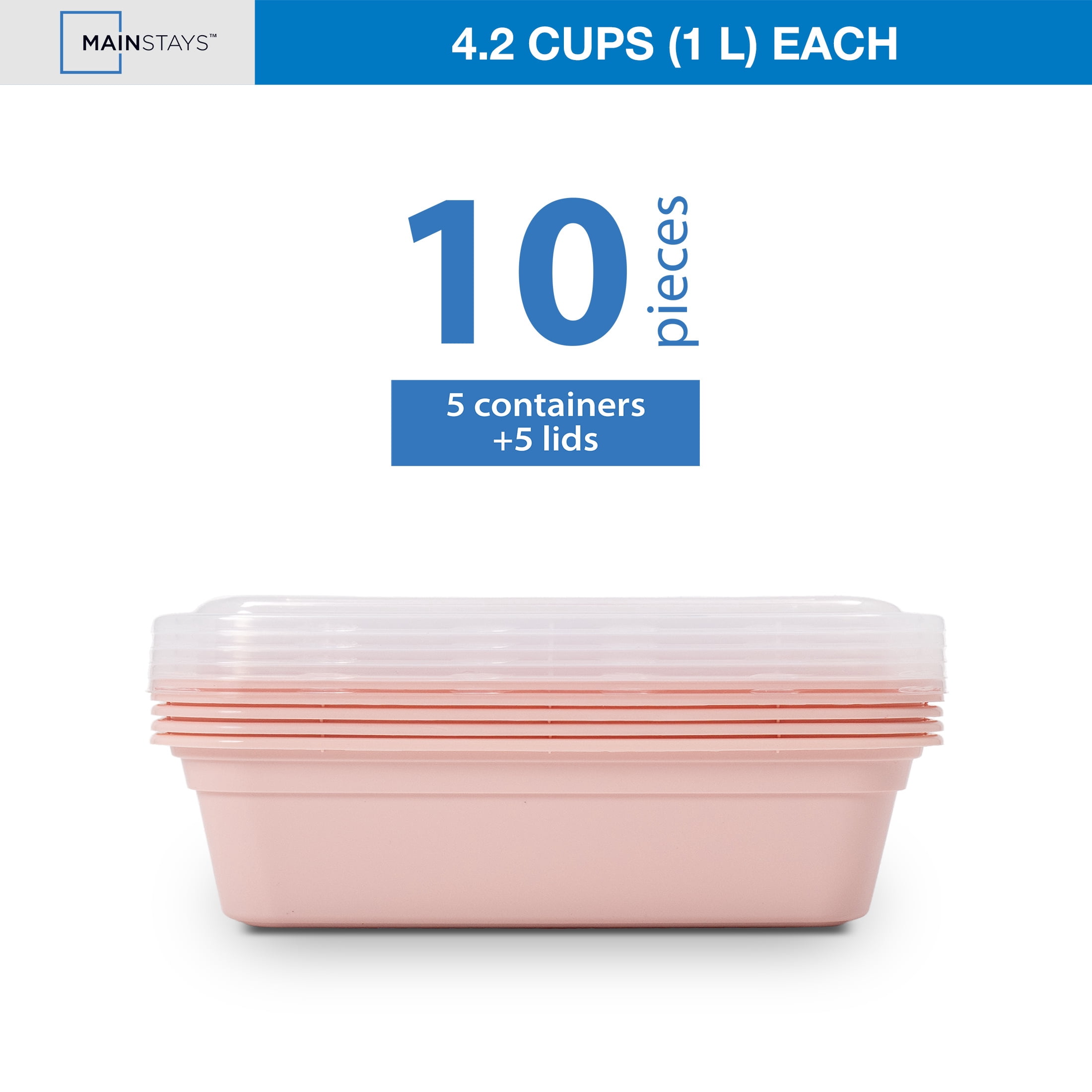 Mainstays 5-Pack 1-Compartment BPA-Free Plastic Meal Prep Food Storage Containers, 1L, Pink Blush