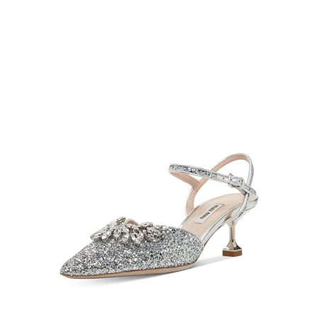 

MIU MIU Womens Silver Rhinestones Slingback Embellished Glitter Crystal Pointed Toe Sculpted Heel Buckle Leather Pumps 37