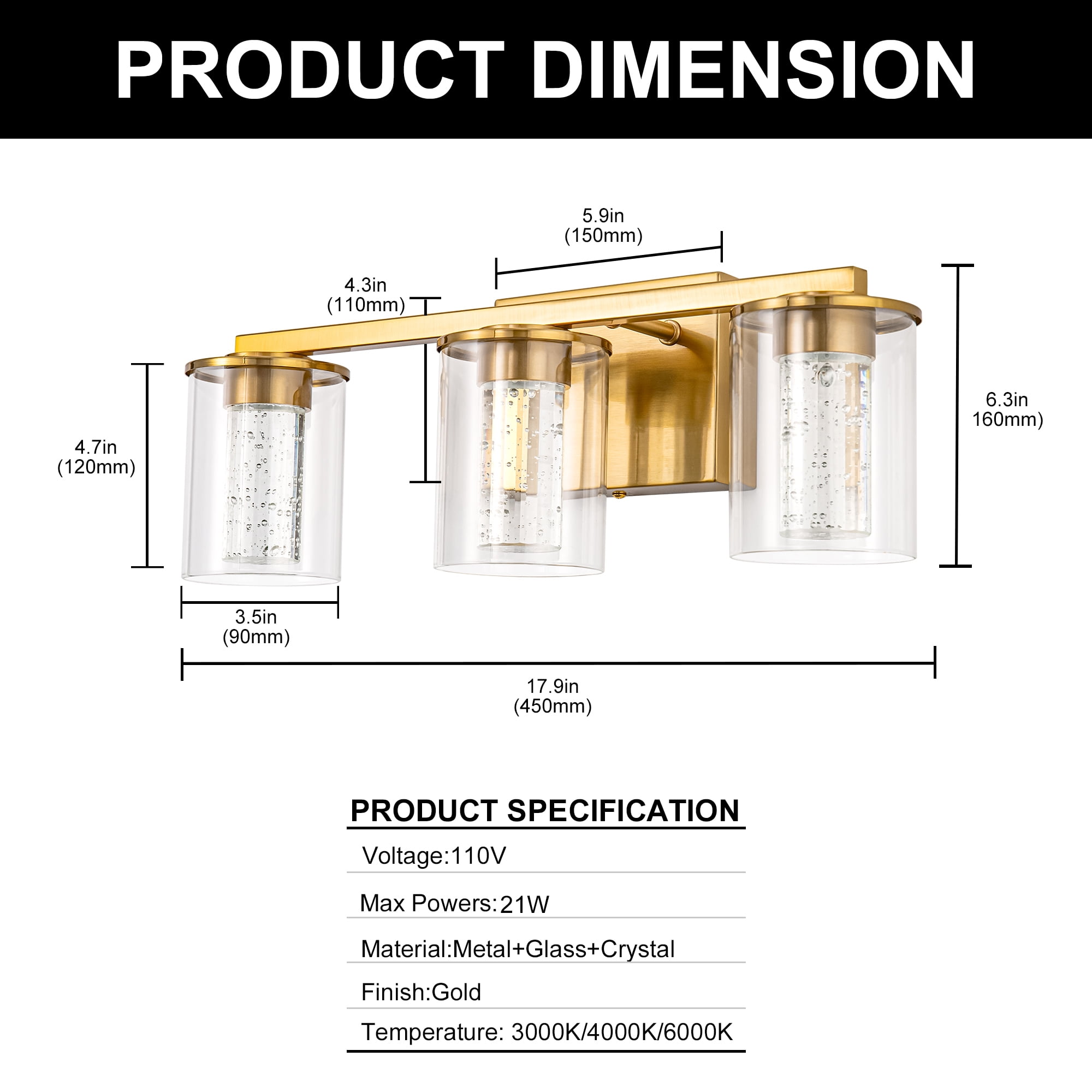 Briignite 3-Light Brushed Gold Vanity Lamp, Clear Glass with Crystal Column, Dimmable Bathroom Light Fixture for Hallway, Kitchen, Bedroom, Living Room