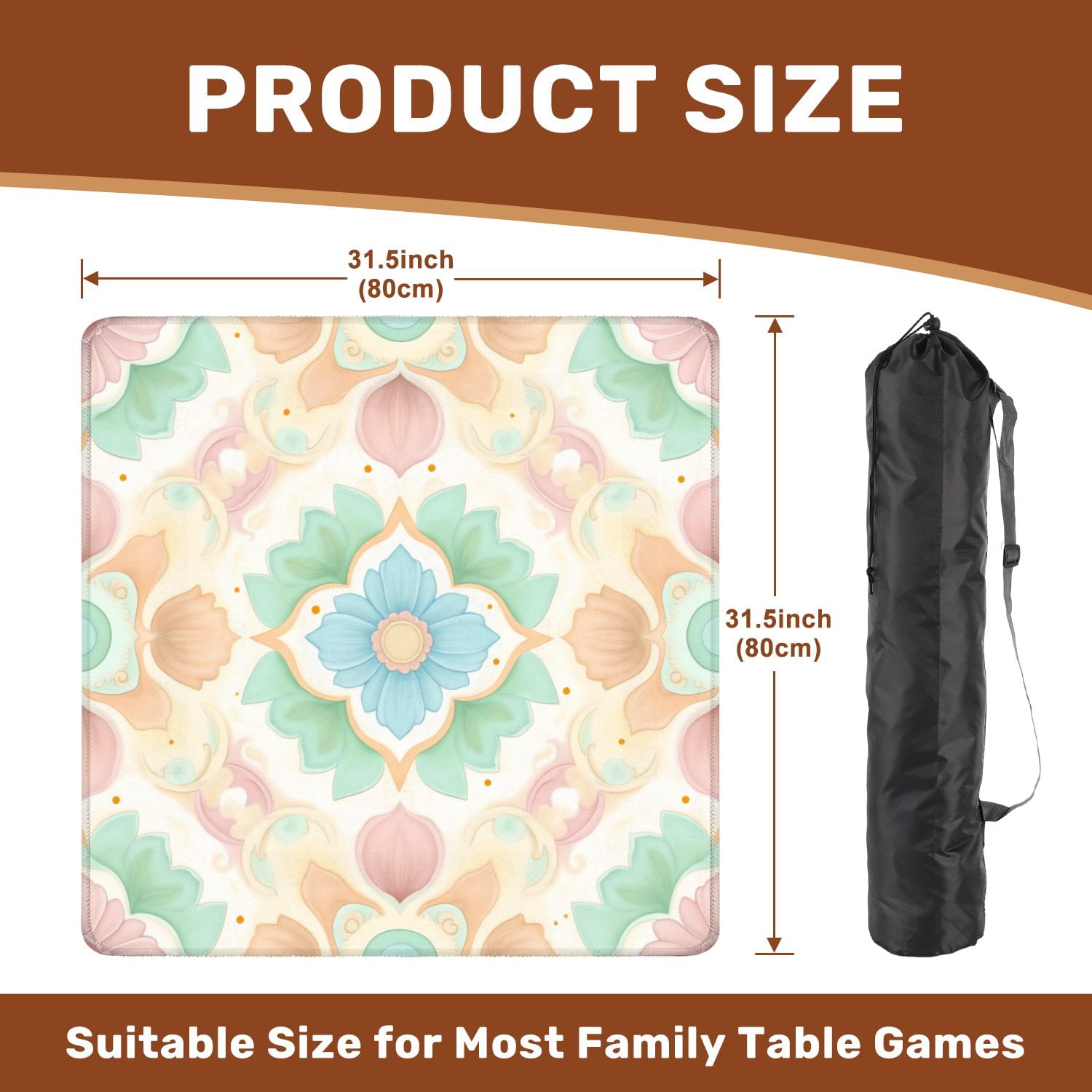 Mahjong Mat 31.5" x 31.5" Pastel Floral Mandala Symmetrical Ornamental Design Soft Blue Peach Non-Slip Noise Reduction American Mahjong Tiles Table Cover for Dominoes Poker Card Board Games Gift