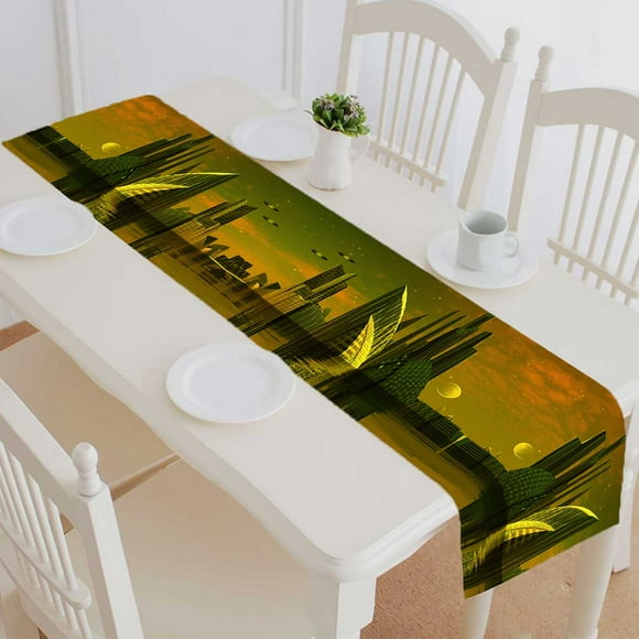 YUSDECOR Modern Alien City Computer Artwork Cotton and Linen Table Runner Kitchen Dining Room Supplies Size 14x72 Inch