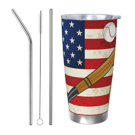 

Vsdgher American Flag And Baseball 20 Oz Stainless Steel Vacuum Insulated Travel Mug Coffee Cup for Home Office Outdoor Works Great for Ice Drinks and Hot Beverage -Straw Three-piece Set