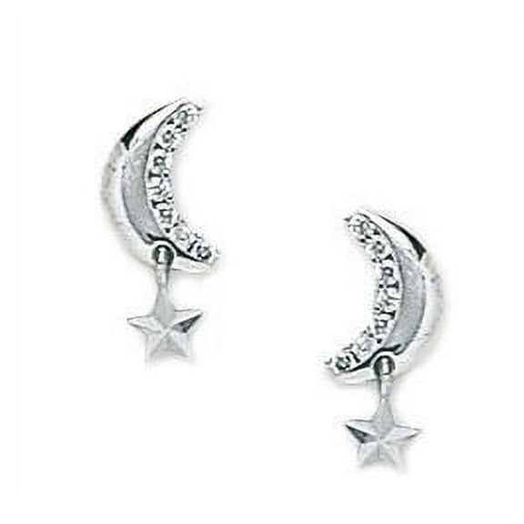 14k White Gold Cubic Zirconia Crescent Moon With a Star Screw-Back Earrings - Measures 11x6mm
