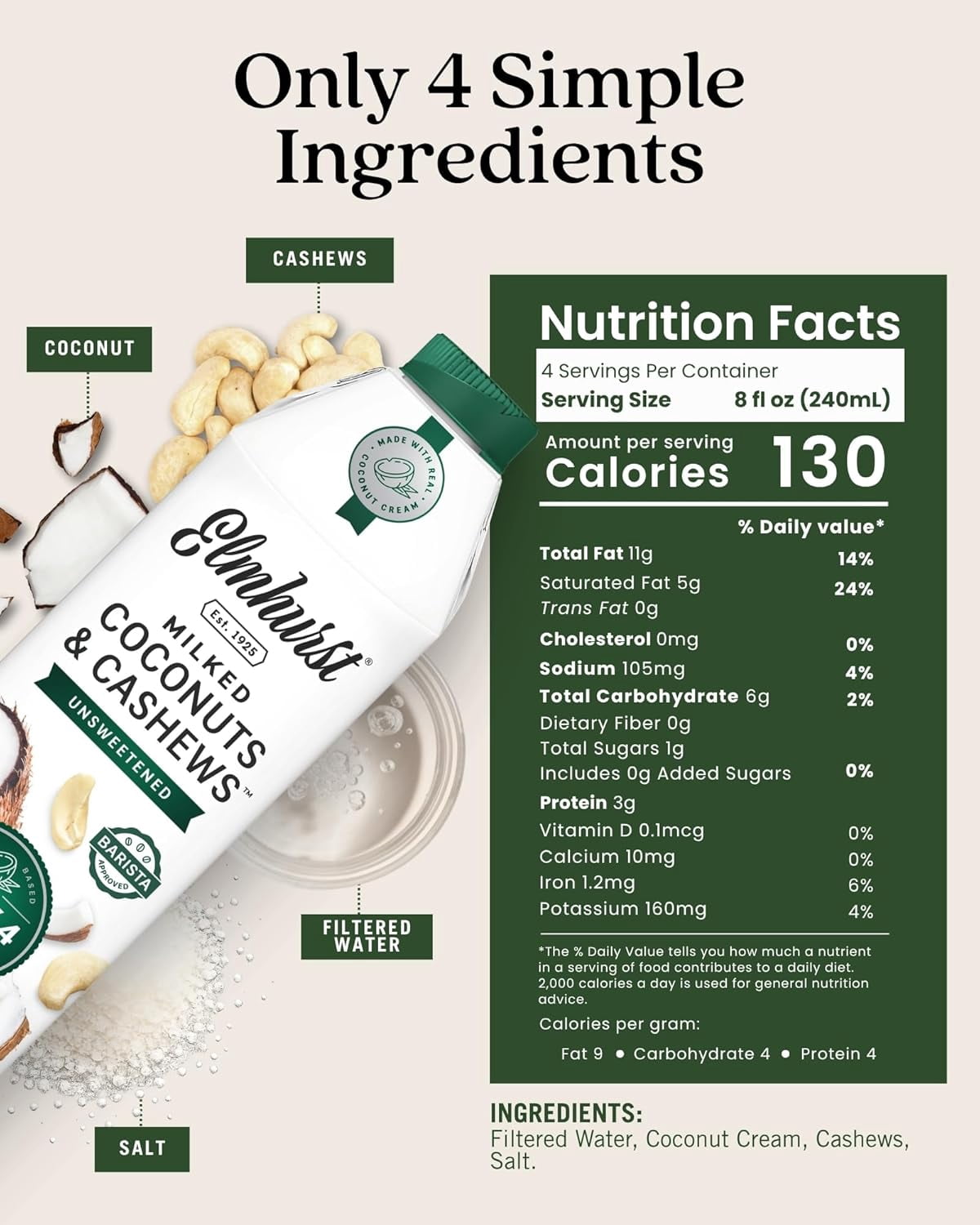 Elmhurst 1925 Unsweetened Coconut & Cashew Milk - 32 Ounce (Pack