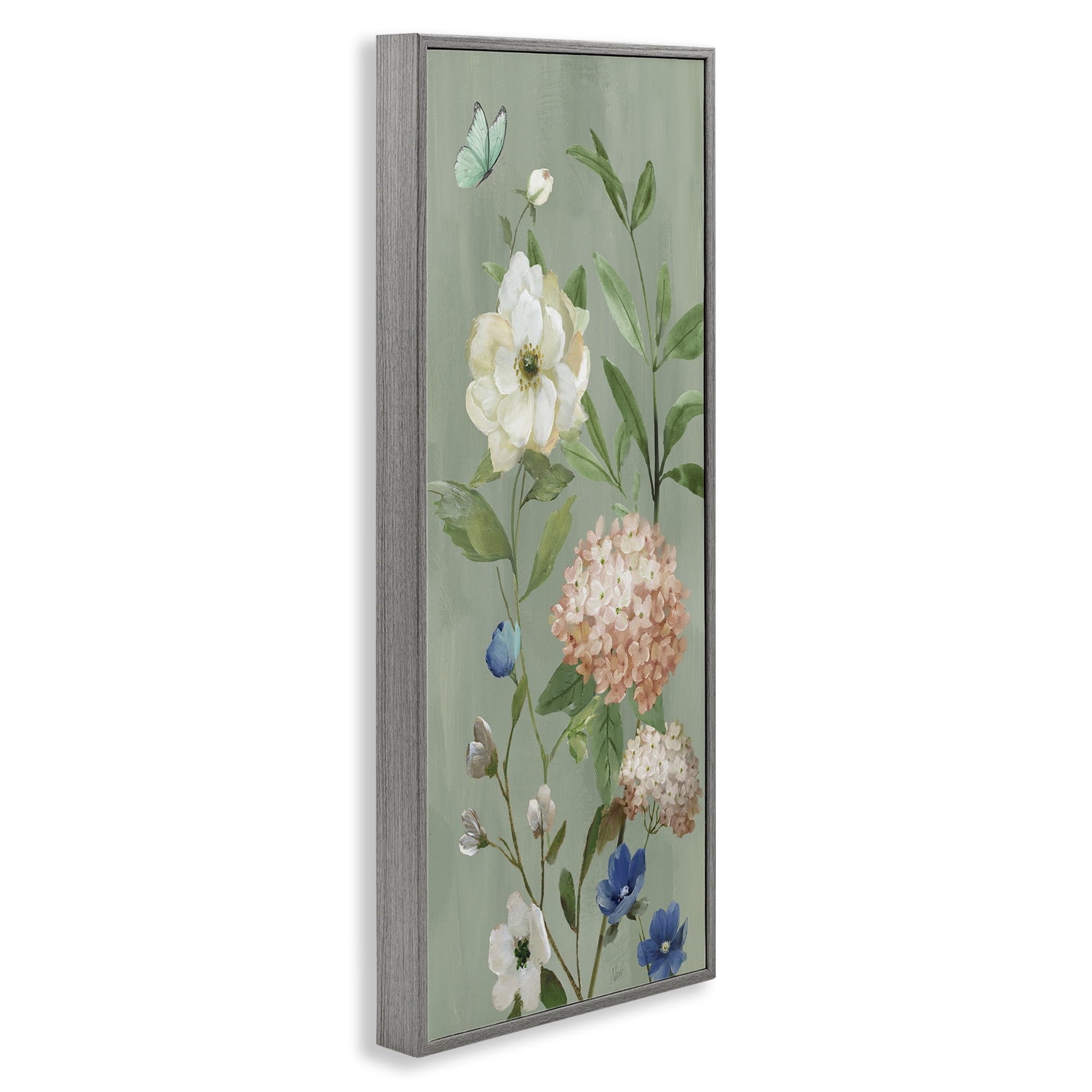 Stupell Industries Mint Floral Cluster & Butterfly Gray Framed Giclee Art, design by Nan