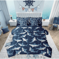Manfei Marine Shark Child Bedding Comforter Set 7pcs, Kawaii Ocean Animal King Bedding Sets, Cartoon Sealife Theme Reversible Bed Sheets, Super Cozy Room Decor