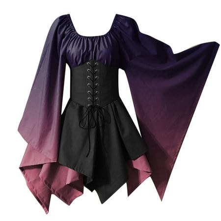 Brglopf Women s Retro Medieval Renaissance Costume Dresses Plus Size Vintage Flare Long Sleeve Gothic Dress with Corset Party Short Mini Dress(Gradient Purple XL)