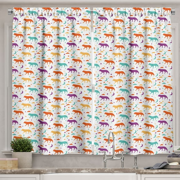 Ambesonne Wolf Kitchen Curtains, Wild Animals Stars Clouds Art, 55"x24", Pale Orange Dark Seafoam