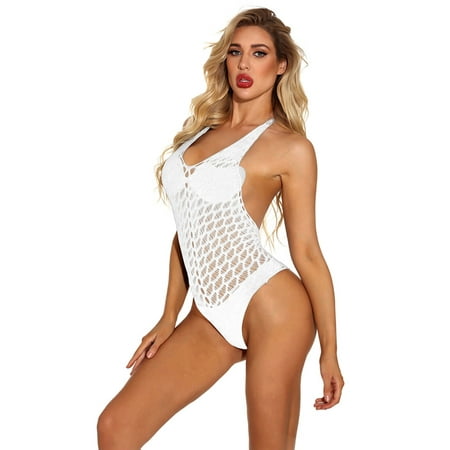 

Intimates Women Halter Transparent Bodystockings Perspective Underwear Pajama Spandex Simple Long Sleeve Shirts for Women White