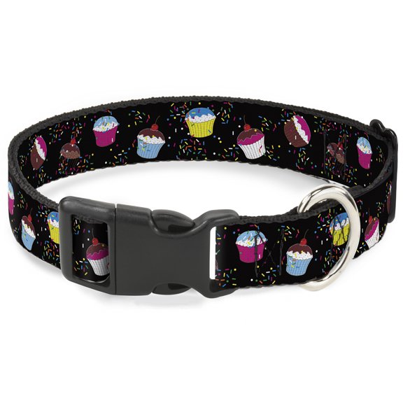 Buckle-Down Pet Collar, Dog Collar Plastic Buckle, Cupcake Sprinkles Black Multi Color, 7 to 8.5 Inches 0.5 Inch Wide