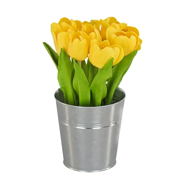 9 in. Yellow Tulip Bouquet in Metal Pot