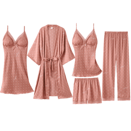 

PIKADINGNIS 5PCS Robe&gown Set Women Lace Trim Satin Sleepwear Pyjamas Summer Bridal Wedding Nightwear Casual Home Wear Kimono Best Friend