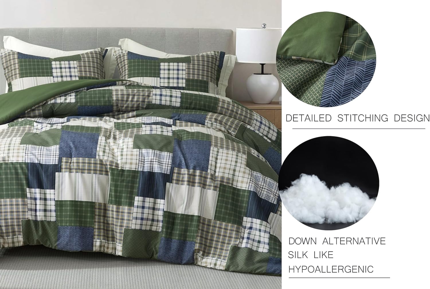 Chezmoi Collection Cedar 3-Piece Printed Patchwork Comforter Set, Green Navy Plaid Striped, Pre-Washed Microfiber Lightweight Reversible Bedding for All Seasons, Queen Size