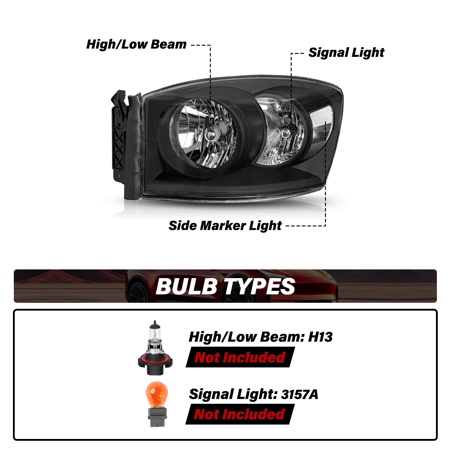 For 2006-2009 Dodge Ram 1500 2500 3500 Pair Headlights Black Clear Headlamps