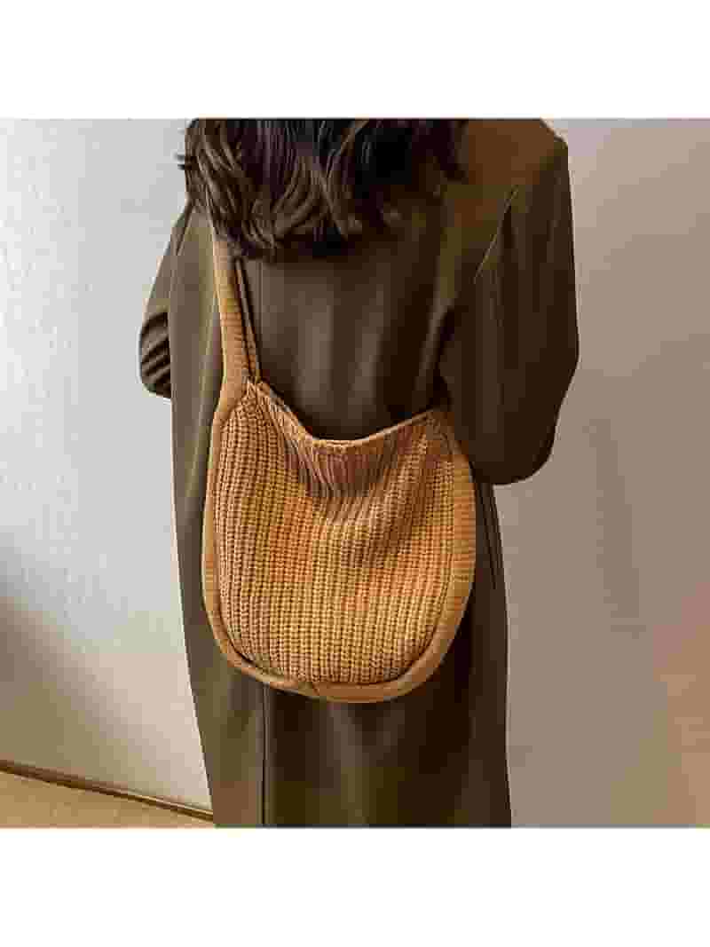 ★LOW CLASSIC★ CROCHET HOBO BAG BROWN Women's Crocheted Crossbody Tote Hobo Bag, Knitted Shoulder