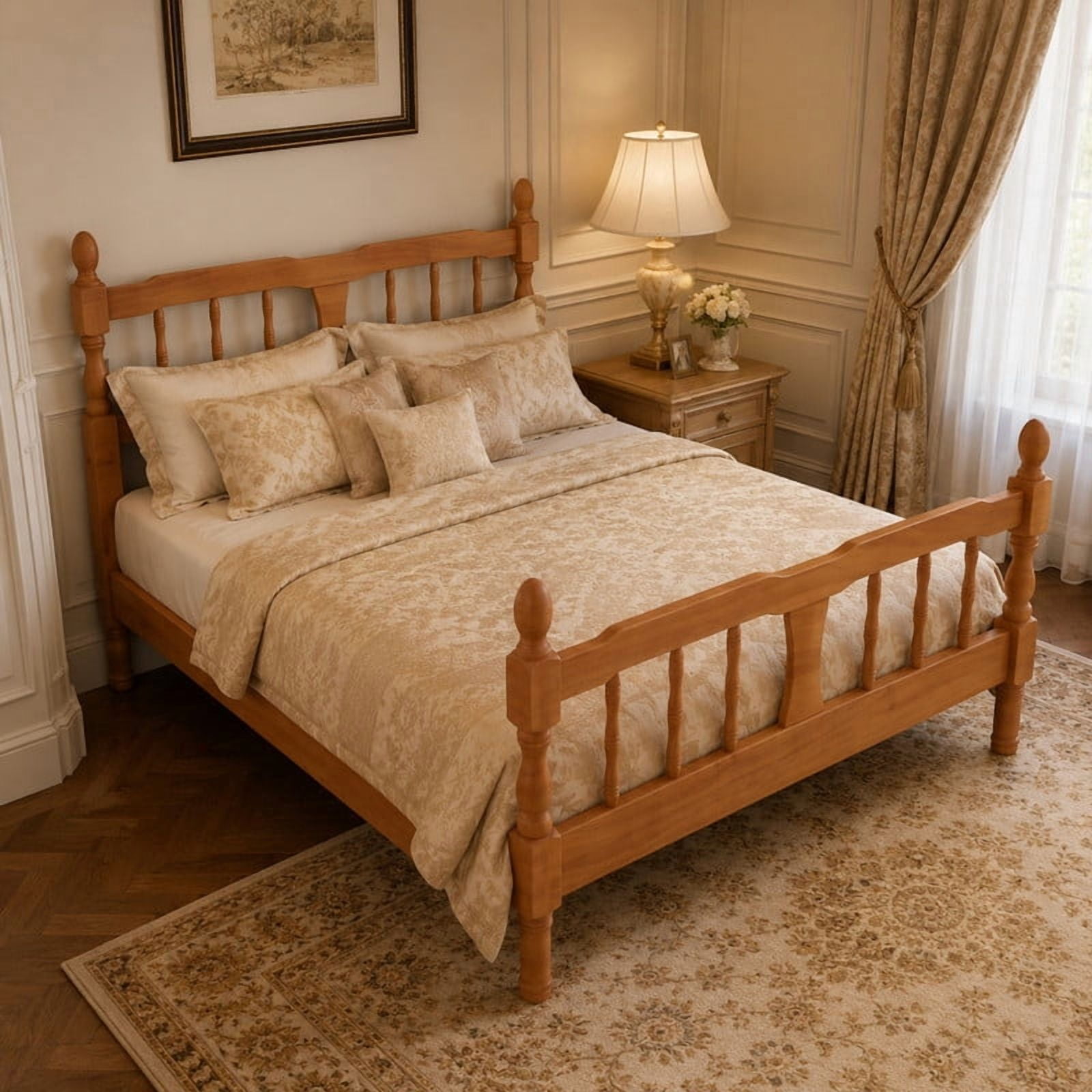 Euroco Wood Full Size Platform Bed Frame, Classic Farmhouse Bed Frame with Spindle Headboard, Walnut