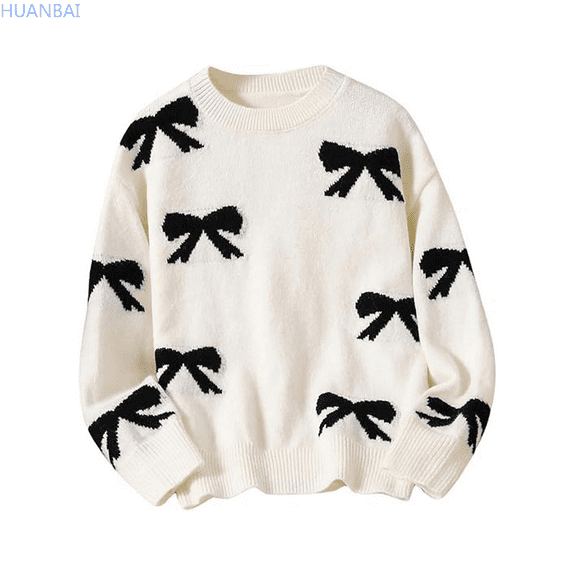 HUANBAI Girl's Cute Bow Sweater Crew Neck Long Sleeve Drop Shoulder Loose Pullover Tops Solid Color Sweaters 4 Years