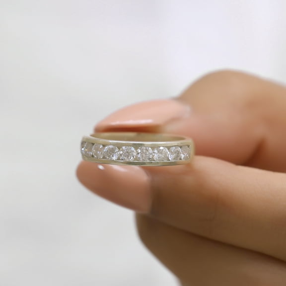 VINSON Channel Set Round Diamond Wedding Band - Half EternityMoissanite Diamond Band - Stackable Anniversary Band - Birthday Gift