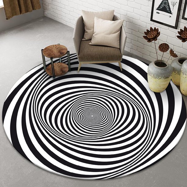 Alfombra redonda con visión estereoscópica en blanco y negro para sala de estar, dormitorio, mesa de café, alfombra para piso, trampa de ilusión 3D