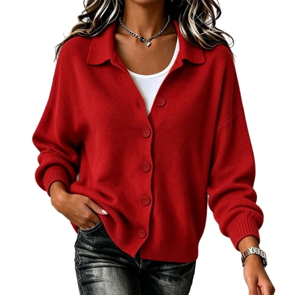 DISKEBUISS Women's Lapel Knit Cardigan Loose Button Down Long Sleeve Open Front Sweater Jacket Casual Fall Outerwear Tops