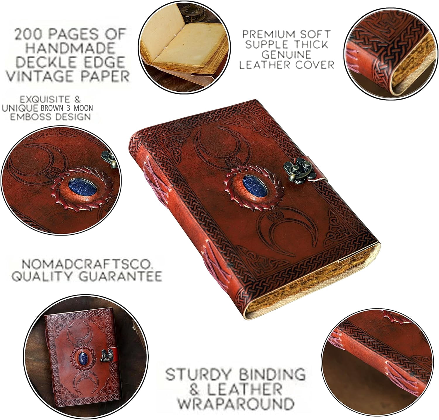 RUZIOON 3 Moon Blue Lapiz Embossed Vintage Leather Journal | 200 Pages of Antique Handmade Deckle Edge Vintage Paper, Leather Sketchbook, Drawing Journal, Great Gift (5 by 7 inch, brown)