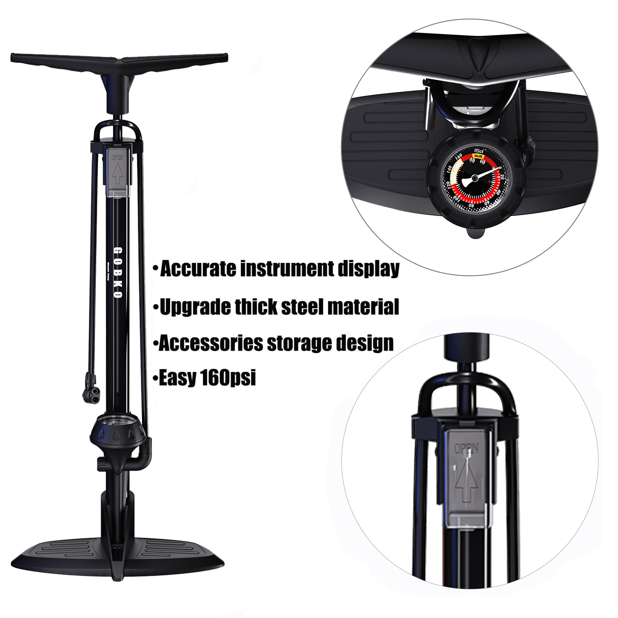 GOBKO Bike Floor Pump with Gauge,Floor Bicycle Pump with Both Presta and Schrader  Bicycle Pumps Valves High Pressure 160Psi Multi-Purpose Portable Air Pump  for Road Bike MTB Sports Balls 