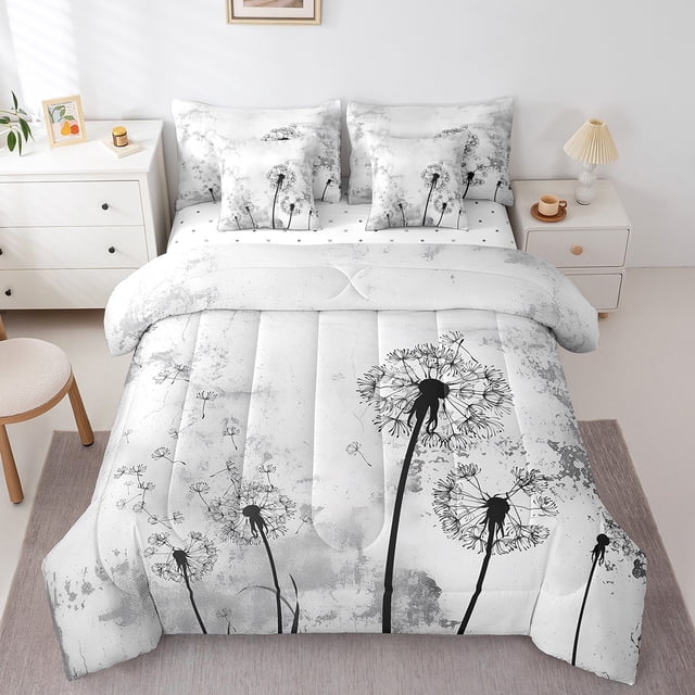 Erosebridal Black Dandelion Bedding Sets King Size,Watercolor Gradient Bed in a Bag King size,Breathable Reversible Bedding King Size,Flower Room Decorative,7 Pieces