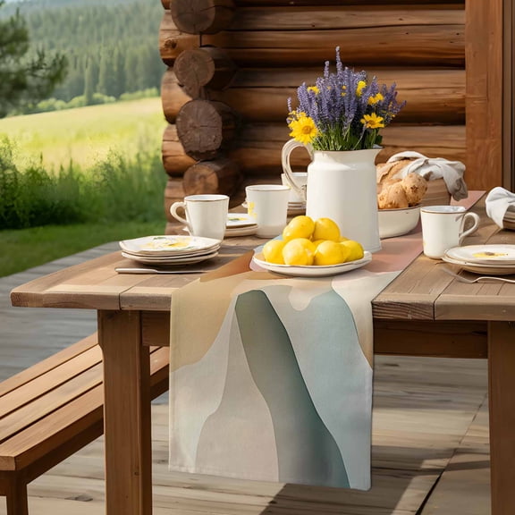 Teal Water Ripple Abstract Geometric Table Runner 13x70in Non-Slip Cotton Linen Table Runners, Gradient Watercolor Style Dresser Scarves TableRunner for Dinner Kitchen Dining Wedding Party