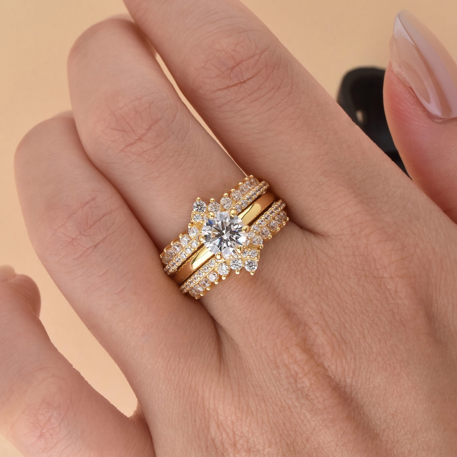 Newshe Jewellery Wedding Rings for Women Ring Enhancer Band Bridal Set Sterling Silver Yellow Gold Plated Cz Size 5.5