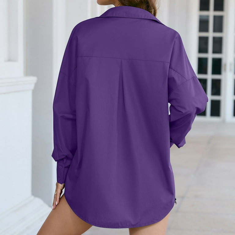 JNGSA Women s Classic Fit Button Down Shirts Loose Lapel Long Sleeve Shirts Solid Color Business Casual Dressy Blouse Purple XXL