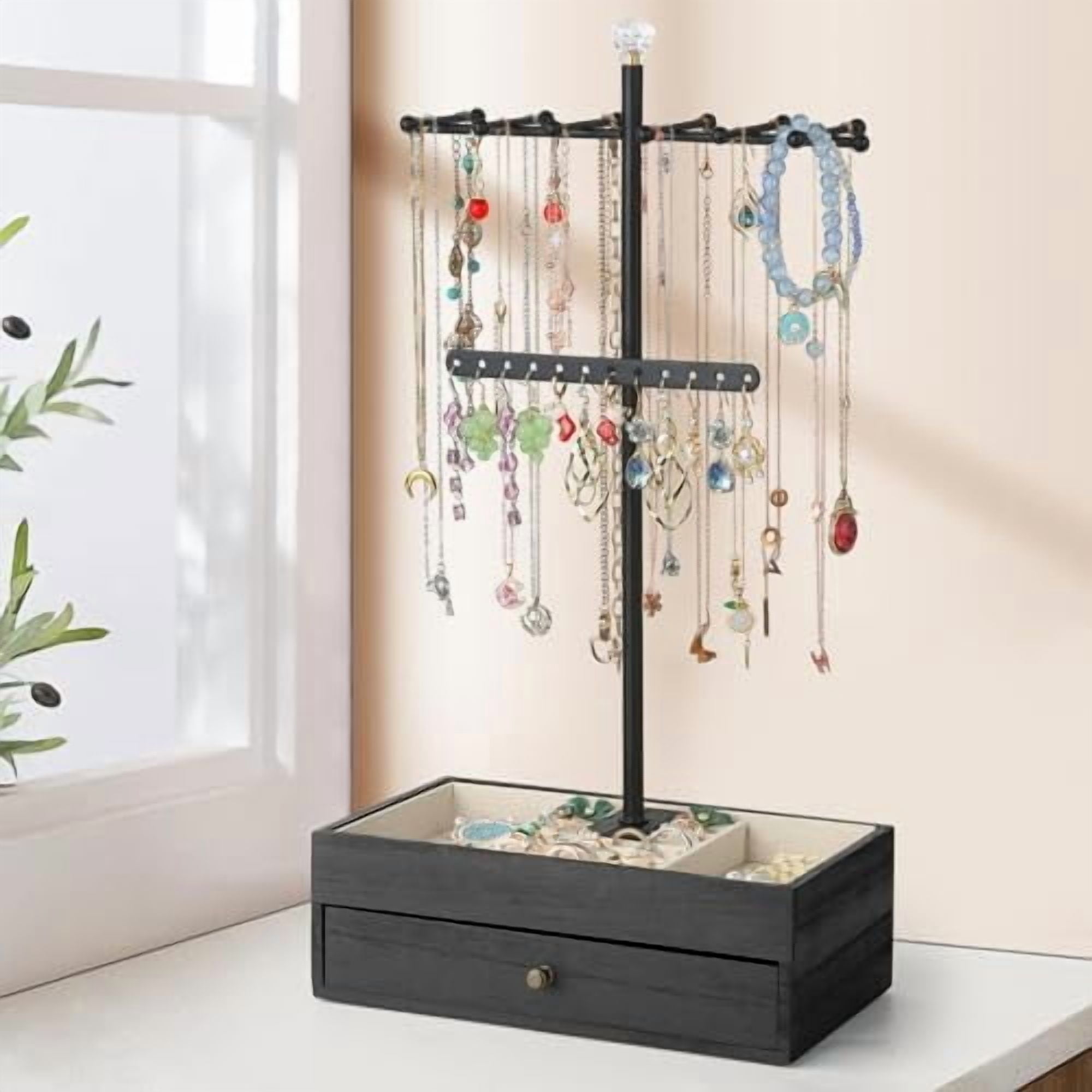Jewelry Organizer Stand, 3-Tier Necklace Holder Jewelry Tree with Wooden Storage Drawer Box for Necklace Bracelet Earring Ring,Black