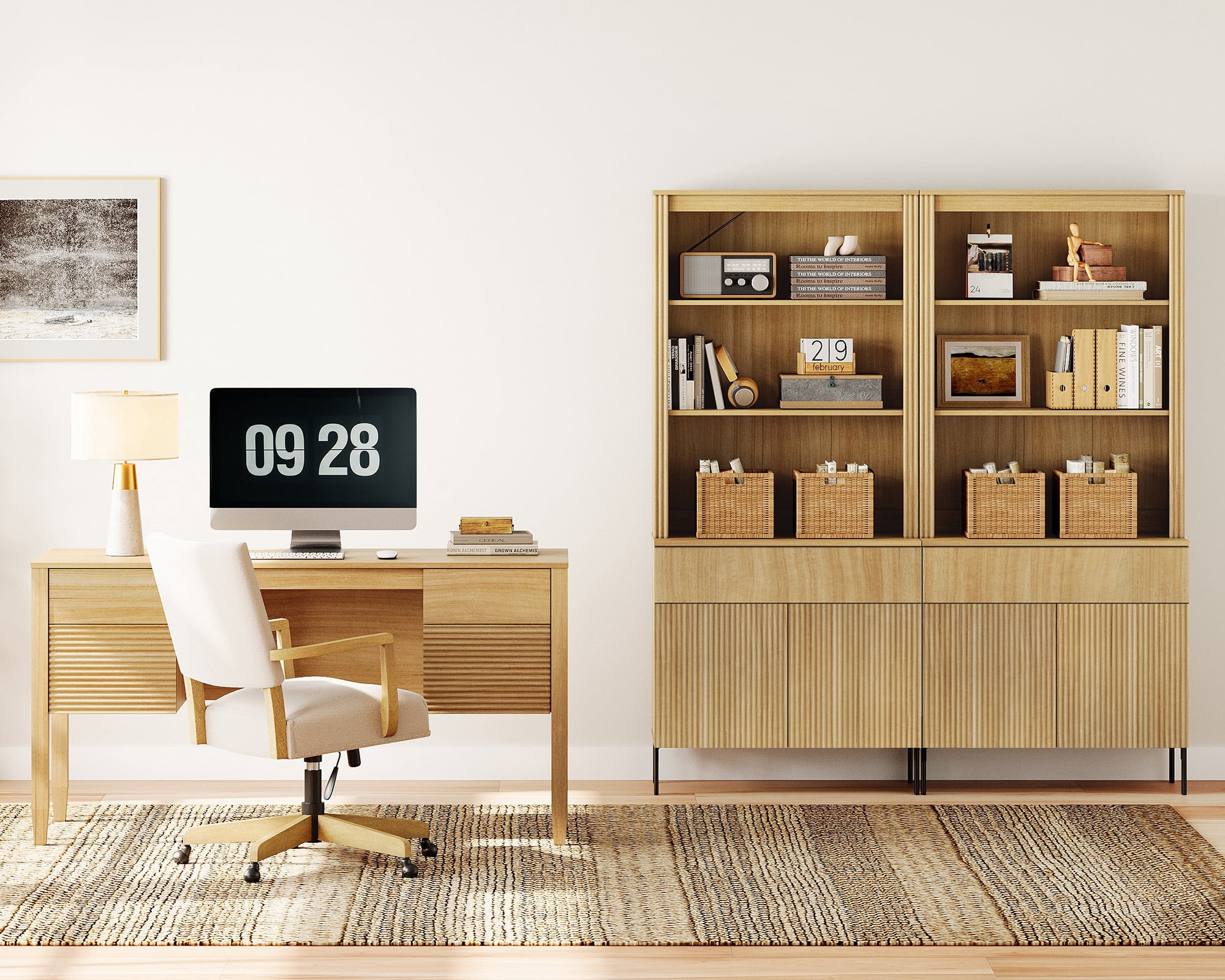 WAMPAT 3 Piece Living Room Furniture Set, 58" Console Table with 2 71.5" Tall Bookcases, 1 Drawer and Double Door Storage Cabinets, Adjustable Shelves, Modern Fluted Bookcase Set for Living Room