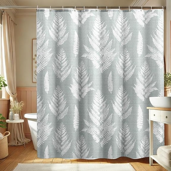 Soft Green Botanical Leaf Shower Curtain For Bathroom Decor, Spring Summer Modern Minimalistic White Waterproof Fabric Shower Curtain Set With Hooks 54"W x 72"L