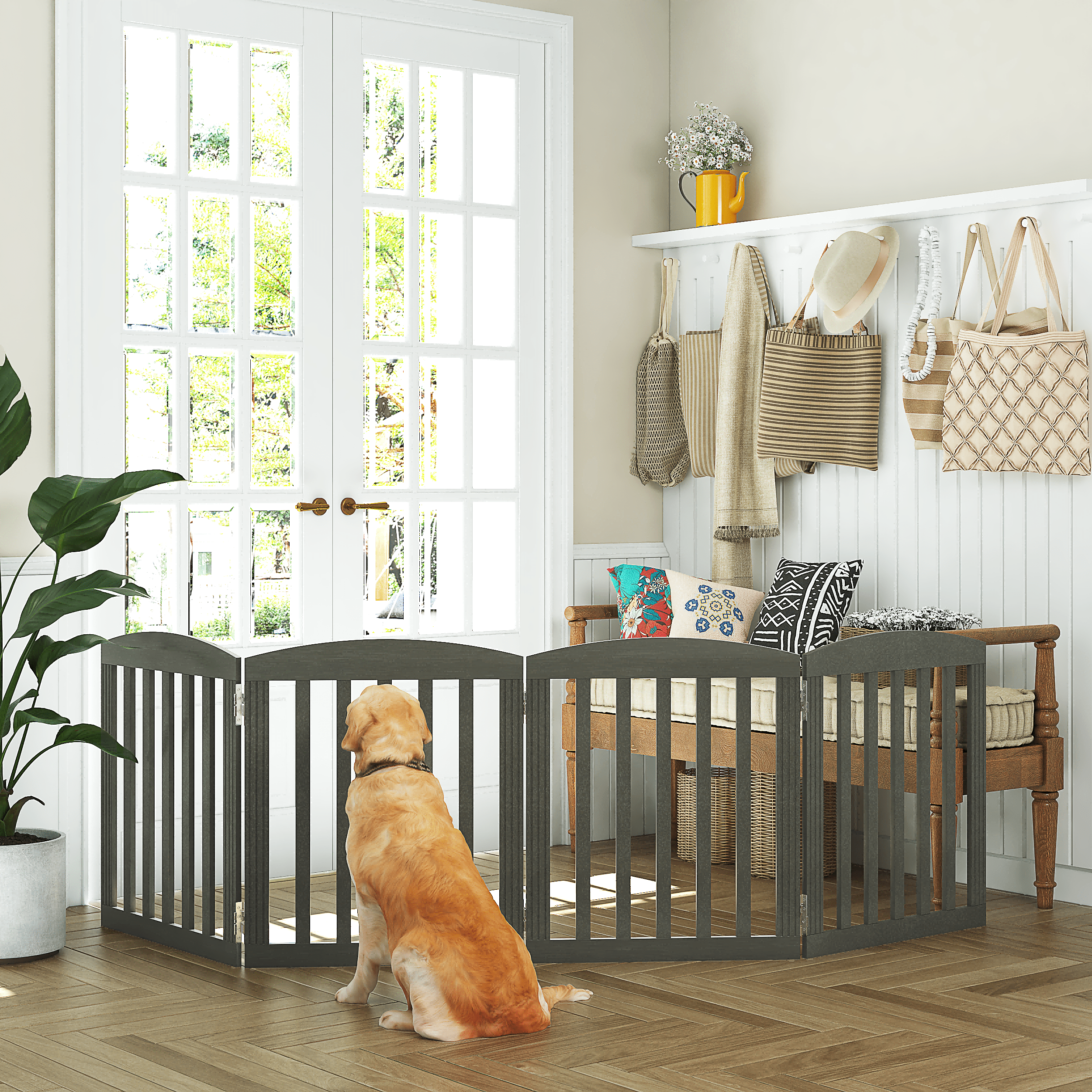 STAROUS 96" Extra Wide 28" Tall Foldable Dog Gates, Wooden Freestanding Pet Gate Indoor, Step Over Puppy Fence, 4 Panels, Grey