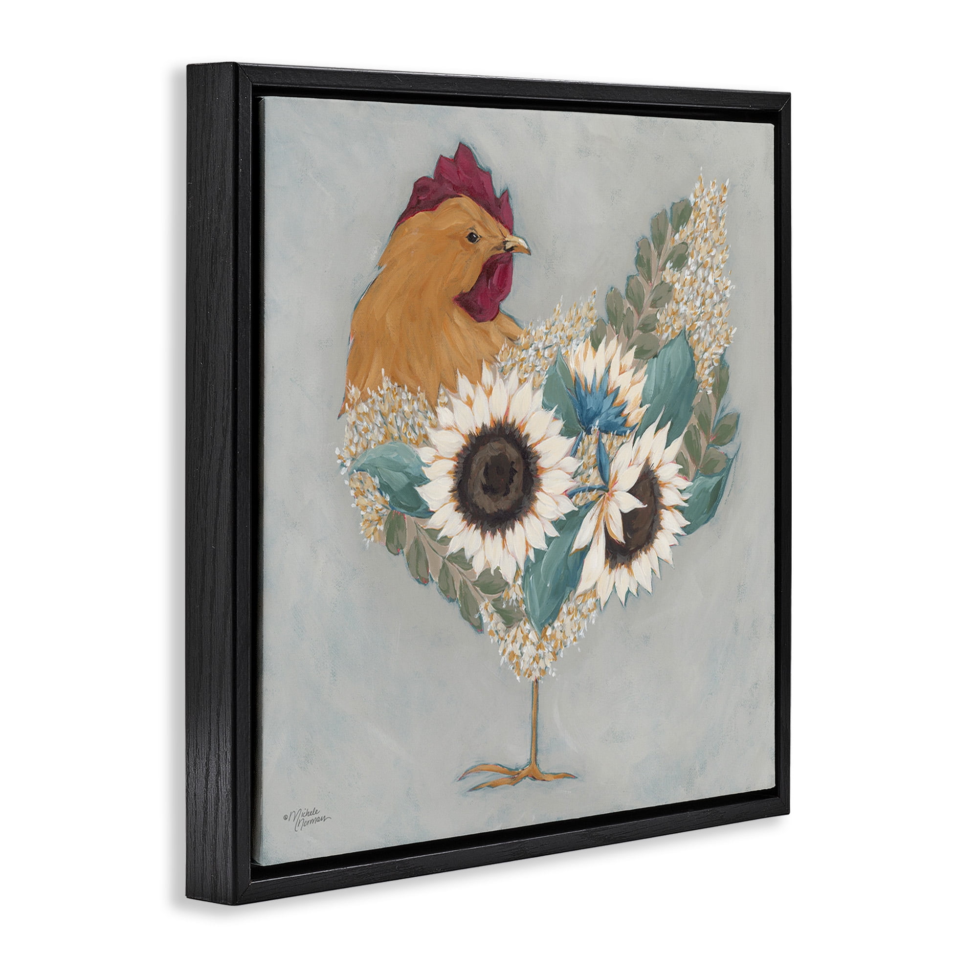 Stupell Industries Rooster with Layered Floral Blossoms Animals & Insects Painting Black Floater Framed Canvas Art Print Wall Art, 18 x 18
