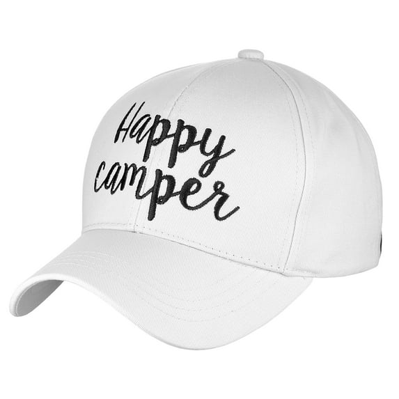 C.C Women's Embroidered Quote Adjustable Cotton Baseball Cap, Happy Camper, White