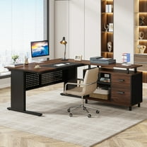 Finmind Executive Desk with File Cabinet, 63 Inch L Shaped Computer Desk with Drawers and Storage Shelves for Home Office, Brown and Black