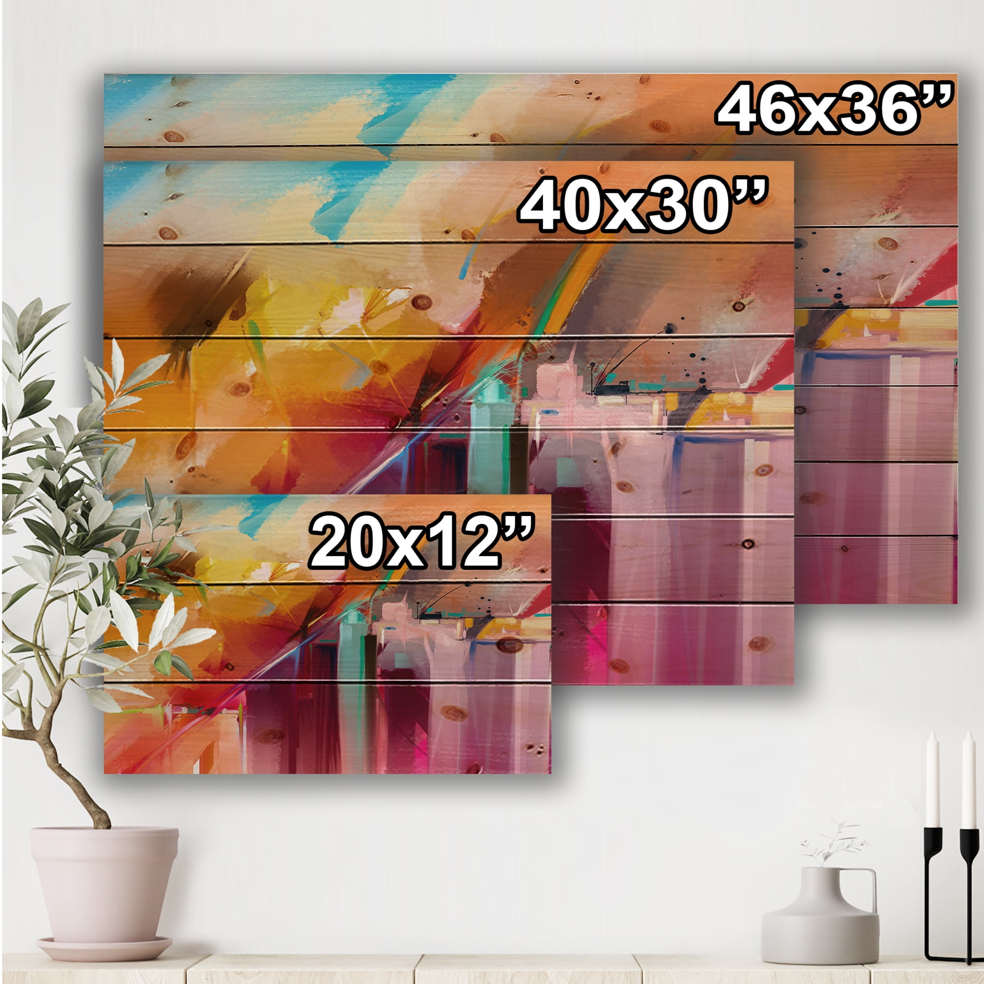 Designart 'Abstract Acrylic Composition in Red and Orange ' Modern Print on Natural Pine Wood