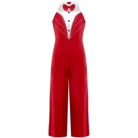 TiaoBug Kids Girls Dance Costume One Piece Tuxedo Jumpsuit Bodysuit Latin Jazz Modern Dancewear Red 10