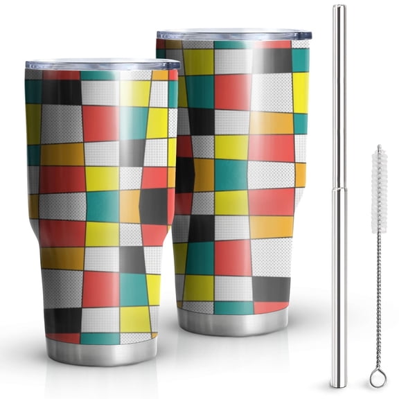 30oz Rainbow Checkered Pattern Tumblers Stainless Steel Tumbler with Lid and Straw,Vacuum Insulated Double Wall Travel Tumbler Cups Mug with Cleaning Brush for Coffee,Tea