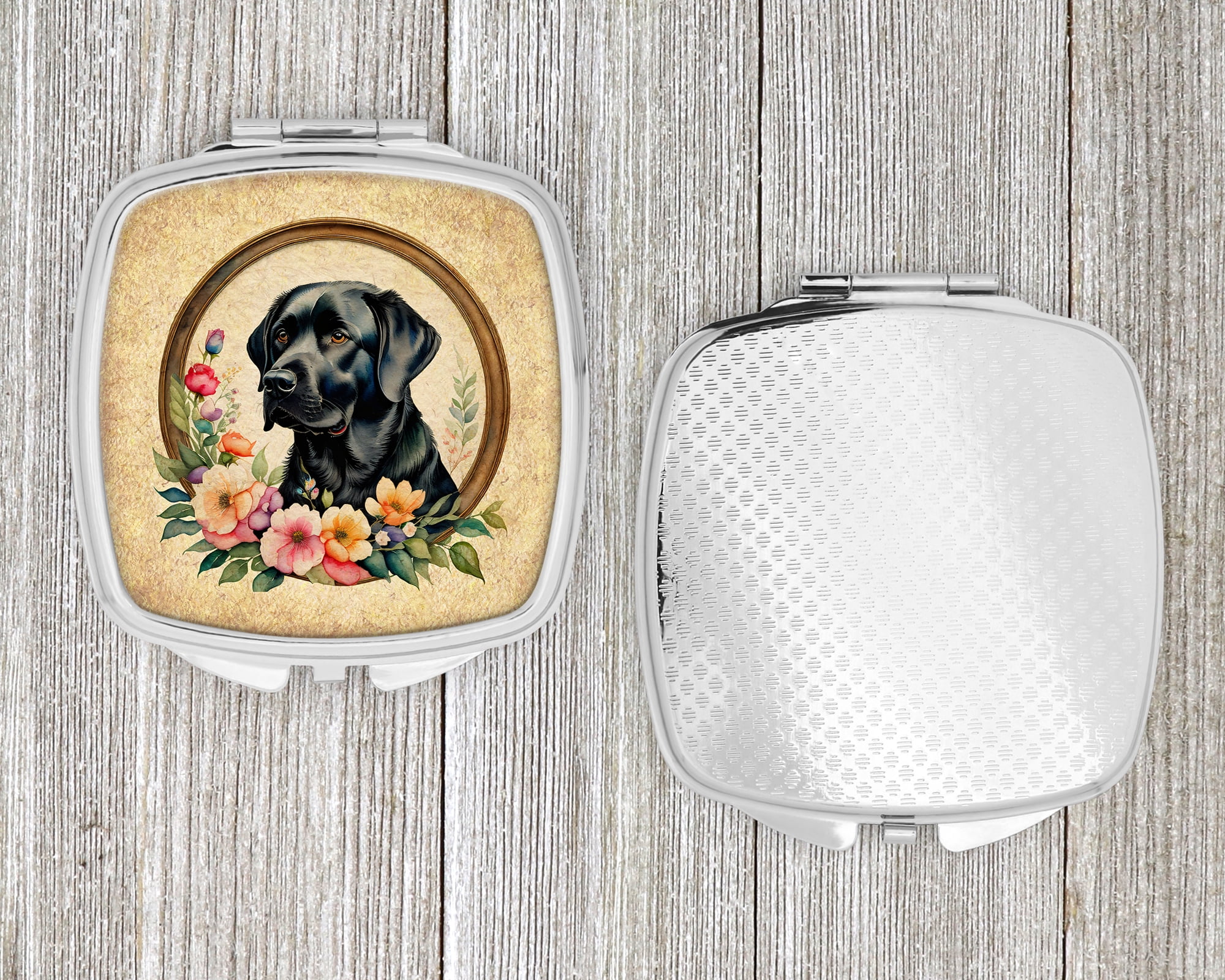 Black Labrador Retriever and Flowers Compact Mirror 2.75 in x 3 in