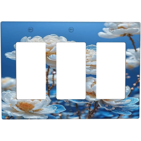 Blue White Flower Vintage Peony Floral Light Switch Covers 3 Gang Rocker Decorative Triple Outlet Wall Plate Cover Electrical GFCI Switchplate for Bedroom Bathroom Decor
