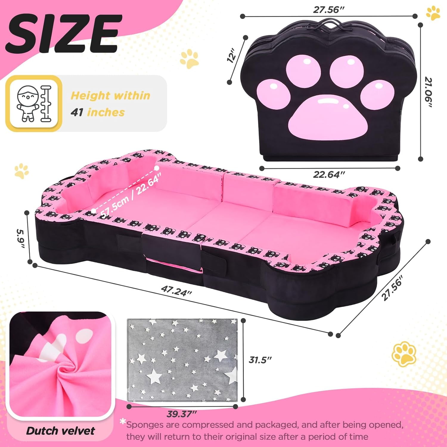Datingday Black Pink Portable Toddler Bed,Soft,Safe and Washable Toddler Floor Bed for Toddlers,Foldable Toddler Travel Bed for 1-3 Kids(Black,S)