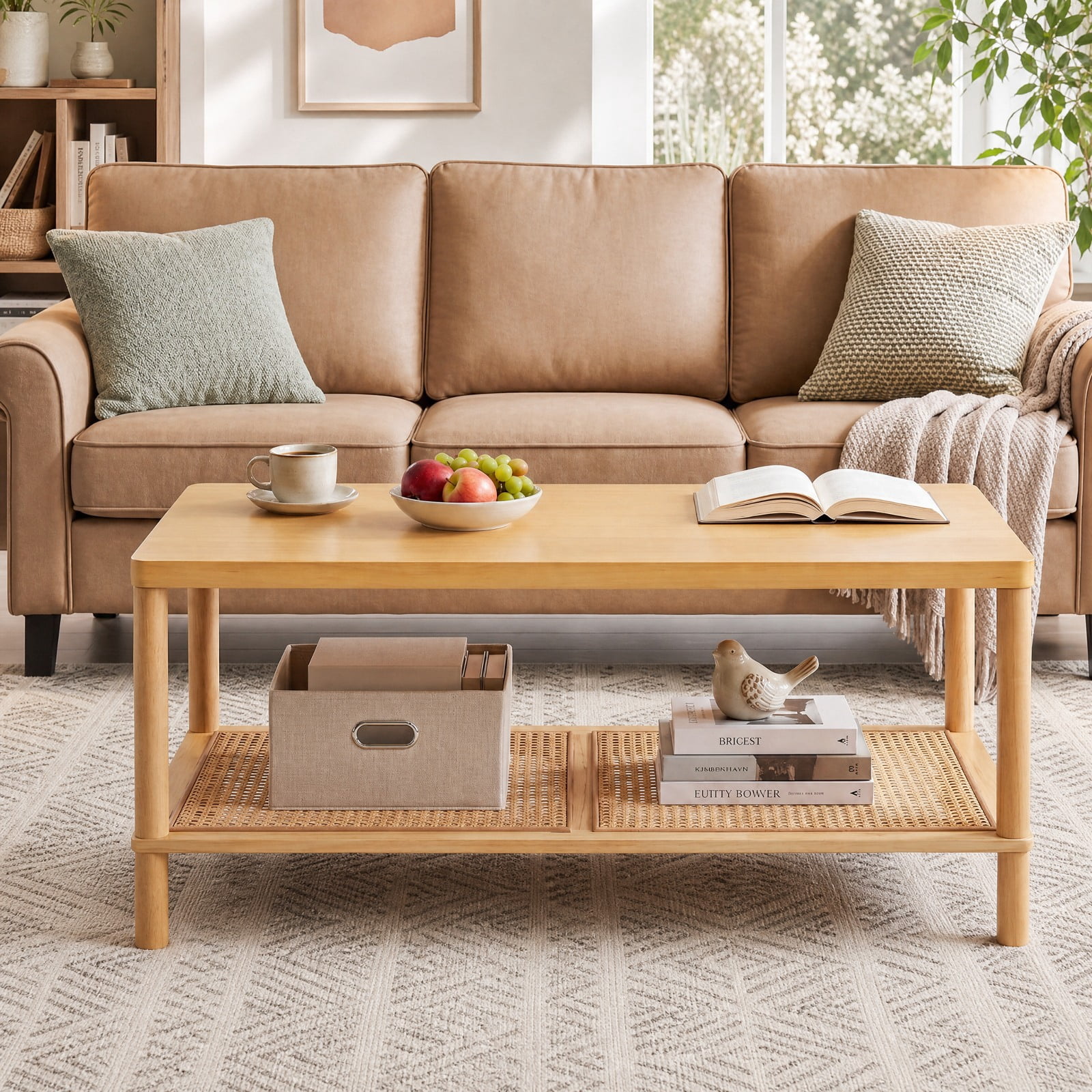 Furnibear 2 Tier Boho Rectangular Coffee Table with Rubber Wood Frame and Faux Rattan Open Storage Shelf for Living Room Home Office, Natural